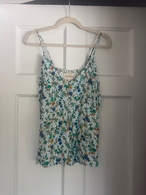 White Floral Spaghetti-Strap Camisole with Blue & Green Print